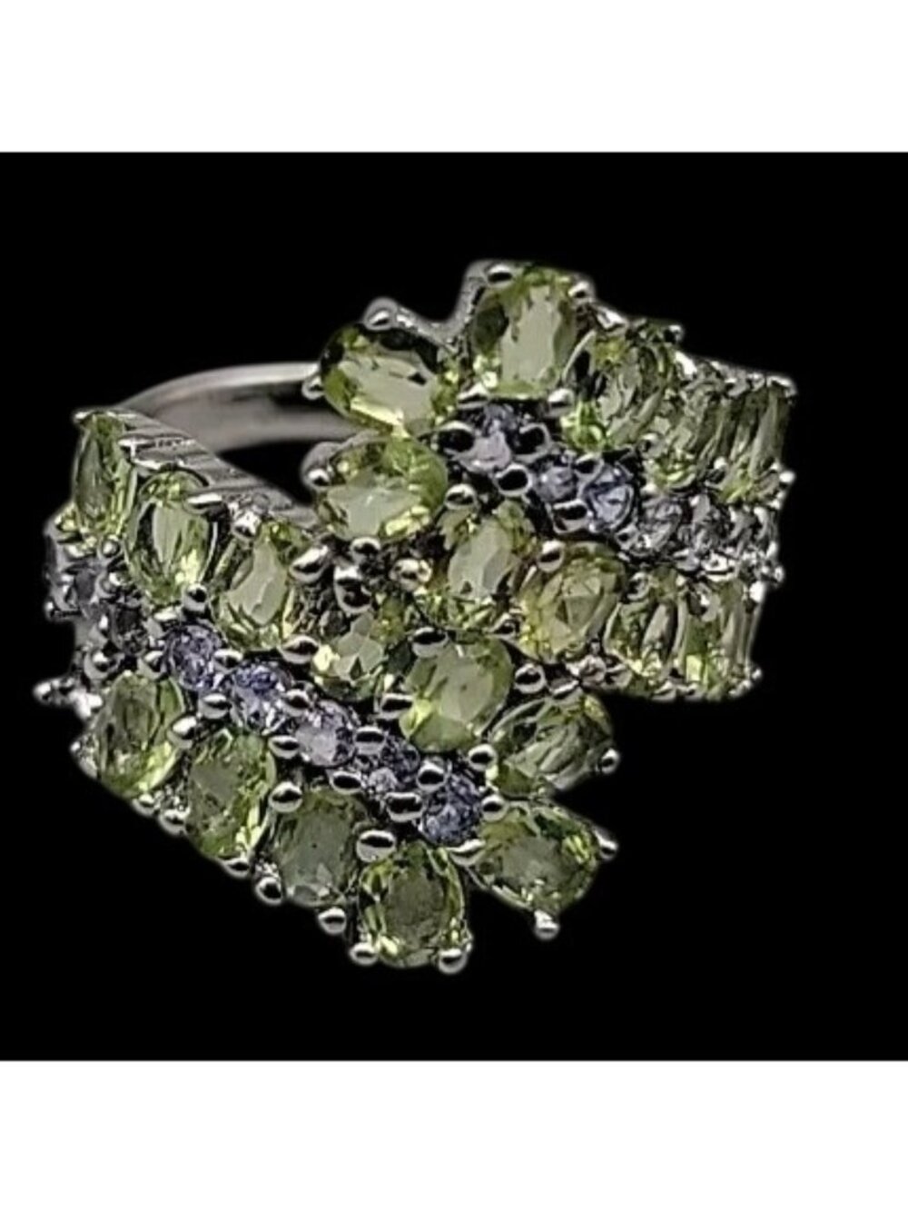 Sterling Silver 925 Peridot Tanzanite Bypass Cluster Ring 9 AS IS Missing Stone - Picture 8 of 14